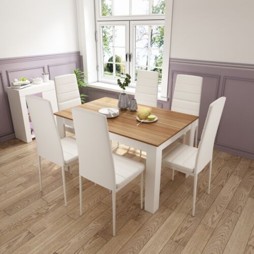 Oak Wooden Dining Table Set with 6 White Faux Leather Chairs Kitchen Furniture - Picture 2 of 10