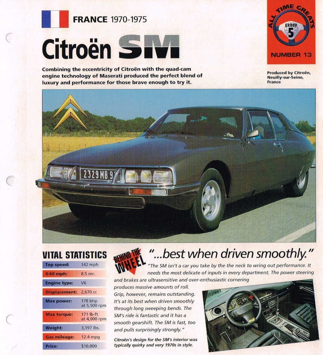 CITROEN SM SPEC SHEET / Brochure / Catalog- 1972,1973,1974