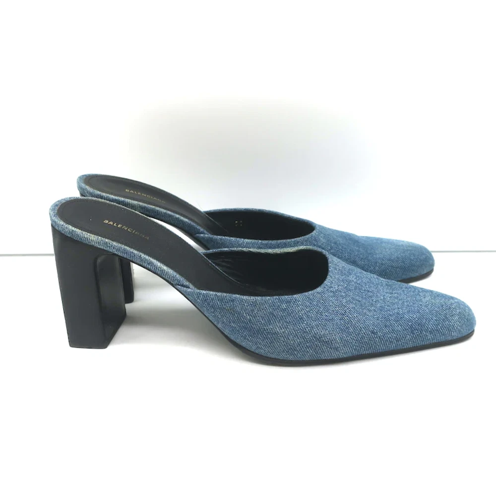 Balenciaga Denim Block Heel Mules Blue Size 38