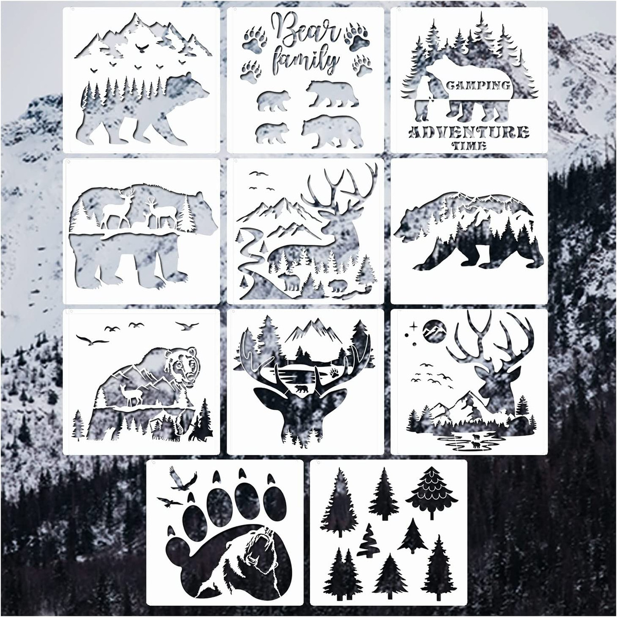 11 Pcs Deer Stencils Forest Mountain Tree Deer Head Stencils for Wood  Burning St