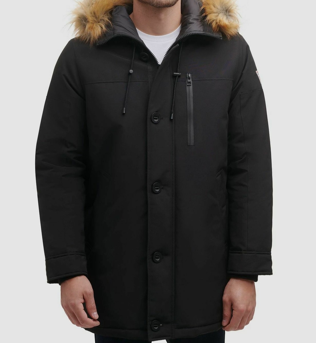 $325 Guess Men's Black Front-Zip Logo Faux Fur Hooded Parka $325 Guess Men's Black Front-Zip Logo Faux Fur Hooded Parka