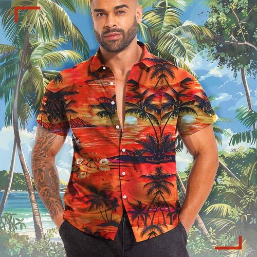 Hawaiianisches Hemd Herren Kokosnussbaum Druck Strand Urlaub Aloha Party kubanischer Kragen - Bild 11 von 48