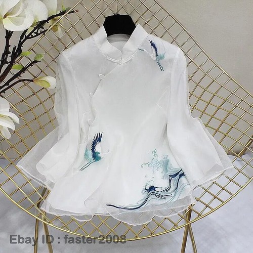 Camicetta donna organza top etnico retrò ricamo gru colletto mandarino estate - Foto 14 di 21