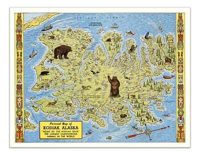 Kodiak, Alaska Map Poster   Home of the Kodiak Bear Largest Carnivorous Animal