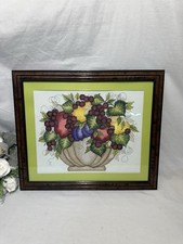 Vtg.Complete Handmade Needlepoint Fruit Bowl Cross Stitch 19.5  X 16  Framed