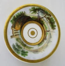 Old Paris Porcelain high footed saucer painted fishing scene early 19th century