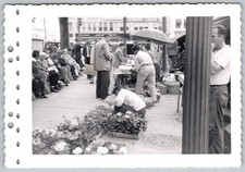 Vtg B&W Snapshot People At Outdoor Flower Market Street Scene City Life 1940s