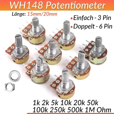 MARKENLOS Dreh Poti Potentiometer Linear 1K 2K 5K 10K 20K 50K 100K 250K 1M Ohm Mono Stereo