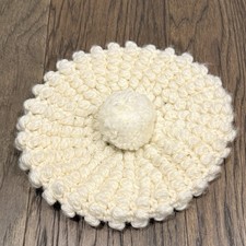 Vintage 1960s Acrylic Fibre Crocheted Beret-Style Hat w/ Pom-Pom - Cream Beanie