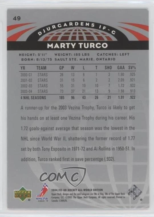 2004-05 Upper Deck All-World Edition Marty Turco #49 - Image 2 of 2