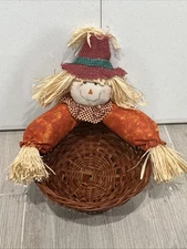 Woven Basket Open Brown With Scarecrow Attached Fall Thanksgiving Decoration
