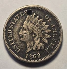 1863 Indian Head Cent 1c Penny, Very Good-Fine Details, Holed - Exact Coin Shown