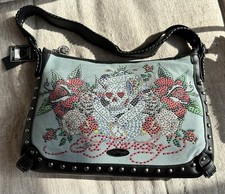 Ed Hardy Hobo Denim Shoulder Bag Rhinestone Love Kills Slowly Flowers Tattoo NWT