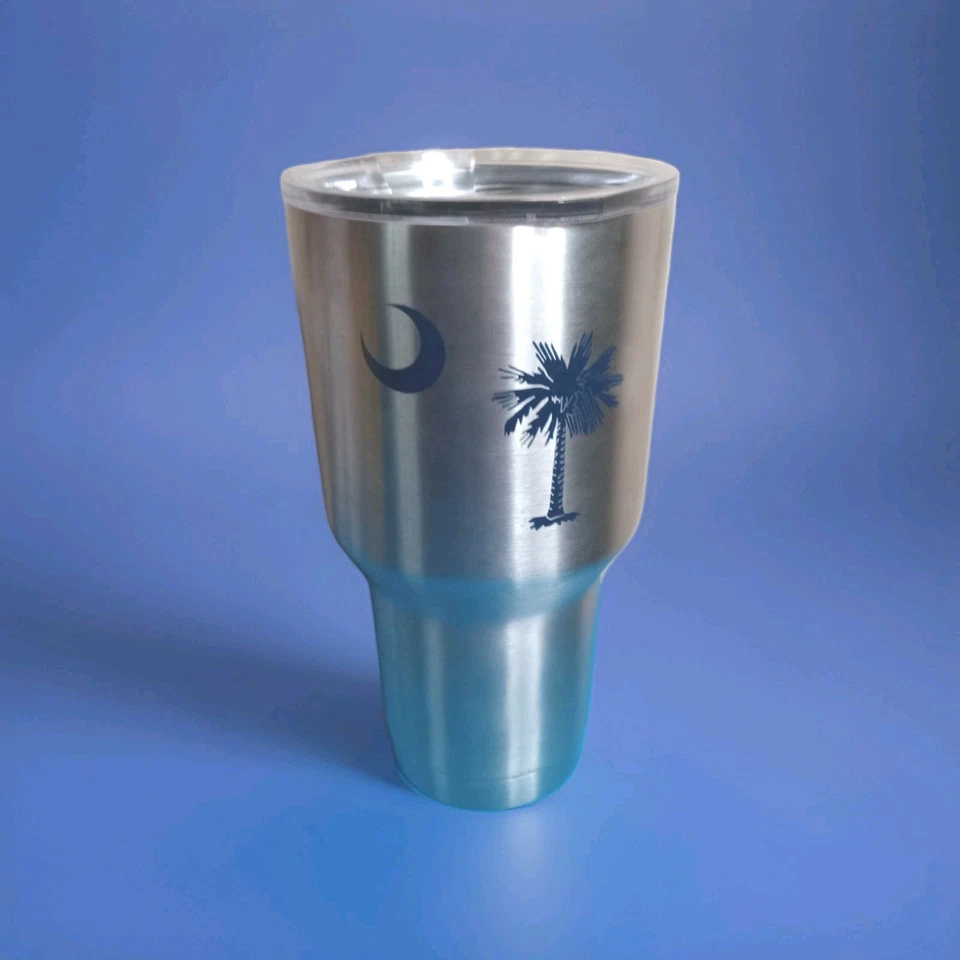 Vaso de bebida 30 OZ Carolina del Sur palma plateada acero inoxidable puerta trasera de playa  Foto 4 de 4