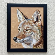 Coyote Art Painting 10 X 8" Handmade Acrylic on Canvas Board Framed