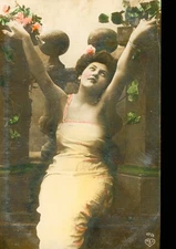 Antique RPPC 1905 Hand-Tinted Postcard Beautiful Girl Raised Hands Real Photo N