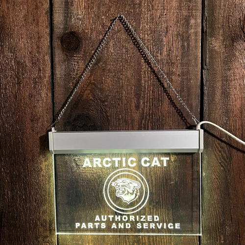 Vintage Arctic Cat Snowmobile Advertising Etched Hanging Light-Up Sign.