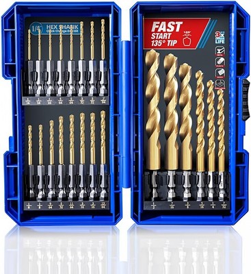 HIGHFIRE 22 Pieces Hex Shank Drill Bit Set for Impact Driver, HSS Twist Titanium