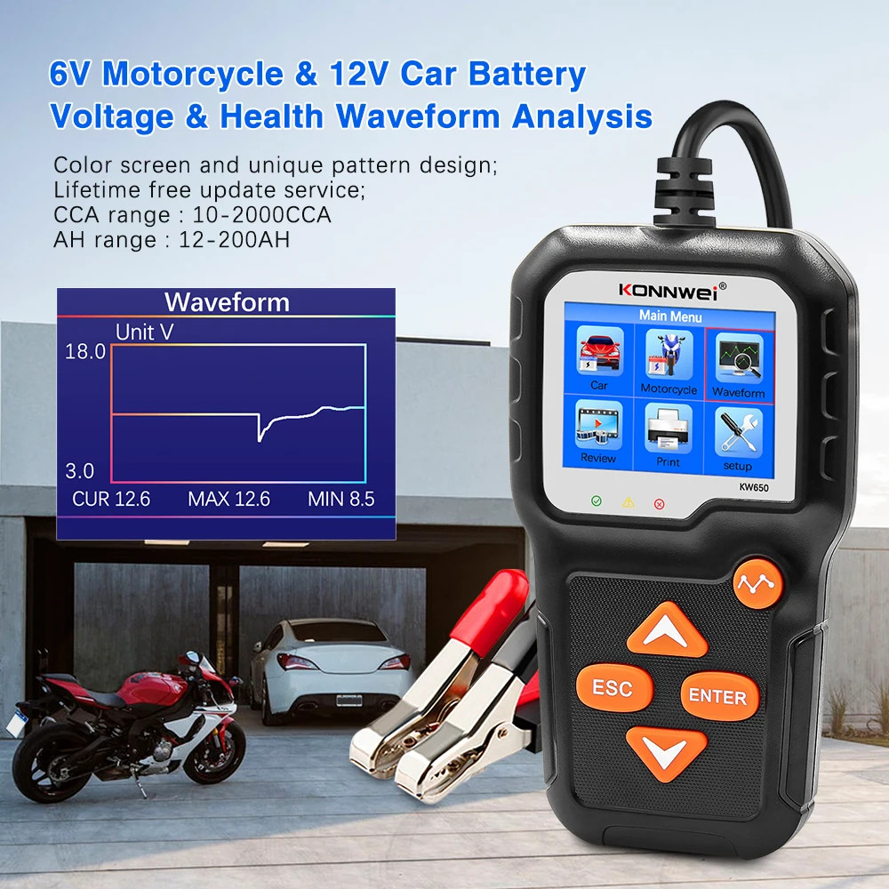 KW650 Car Motorcycle Battery Tester 6V/12V Auto Battery Analyzer 100-2000 CCA