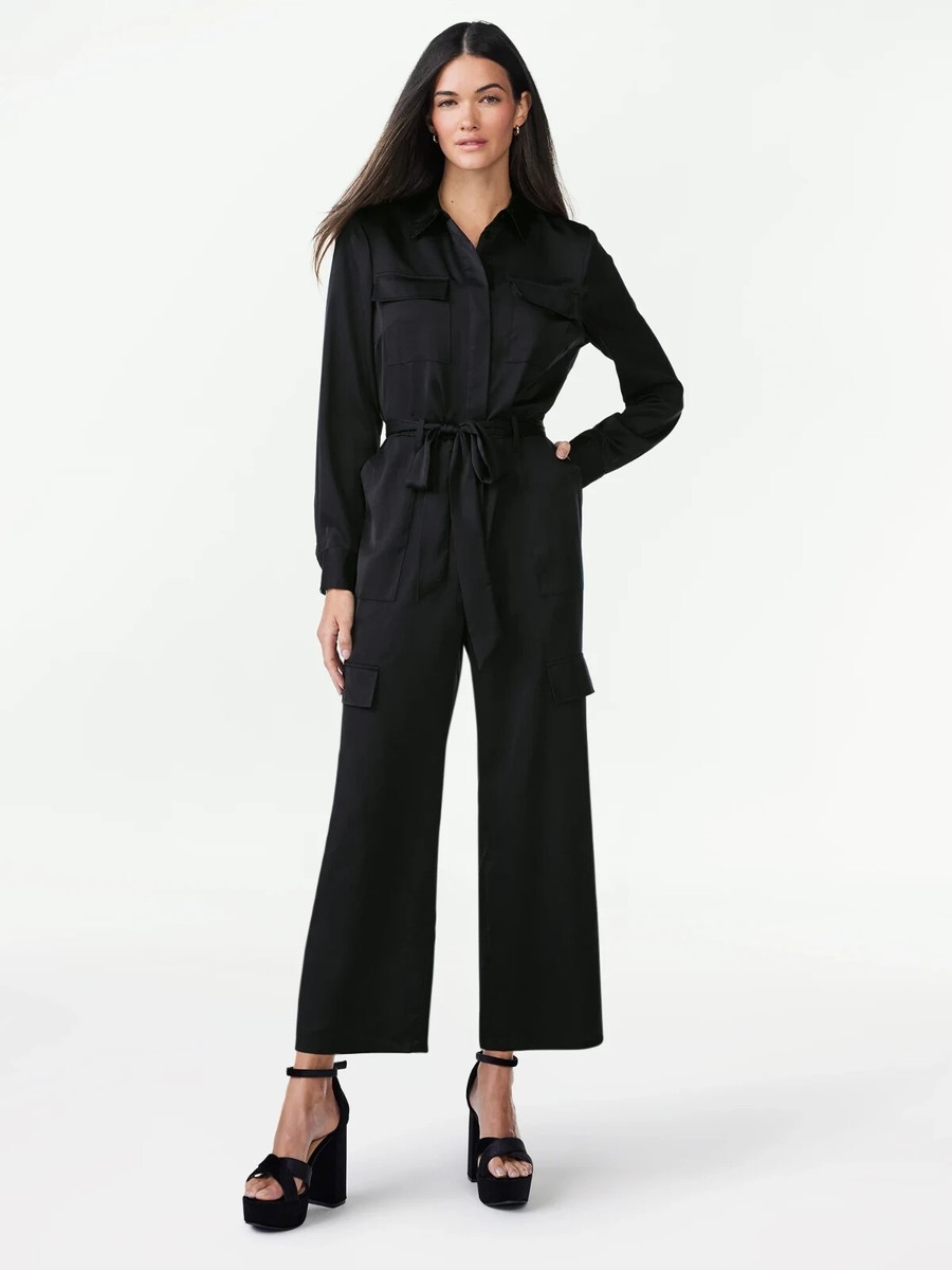 Scoop Women's Wide Leg Satin Black Jumpsuit with Cargo Pockets
