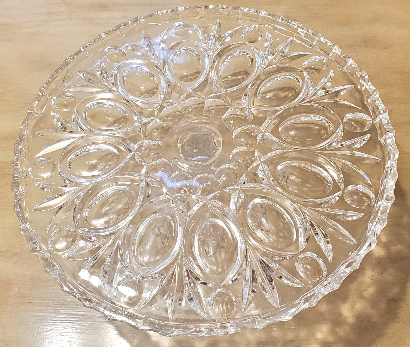 EAPG Peacock Eye Clear Glass Heavy Leaded Crystal Footed Cake Plate