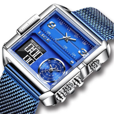 LIGE Men Digital Quartz Watches Mesh Steel Wristwatch Square Dial Male Stopwatch