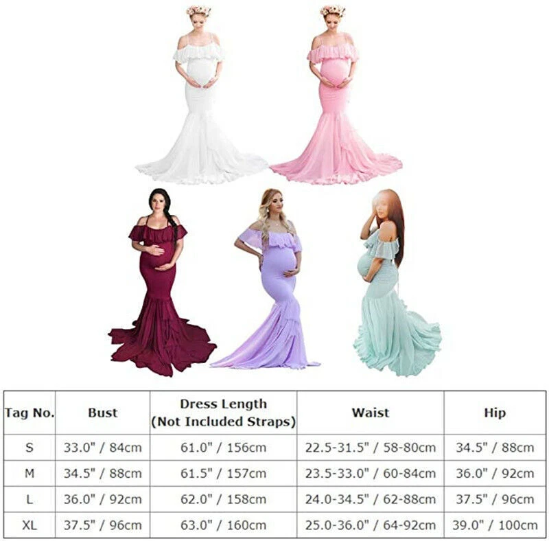Off Shoulder Ruffle Spaghetti Strap Maternity Dress Mermaid Chiffon Photography  - Image 3 of 4