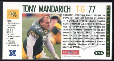 1992 GameDay Tall Boy Football Tony Mandarich #216 Green Bay