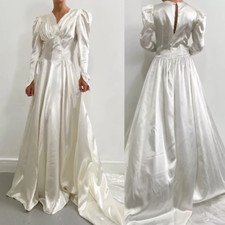 Vintage Mid Century Satin Wedding Dresses Long Sleeves Sweep Train Bridal Gowns