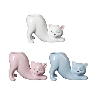 Cartoon Katzen-Blumentopf Aus Keramik – Niedliche Katzenvase, 14,5 X 7,5 X 9,8 Cm, Blau, Für Zimmerpflanzen & Deko