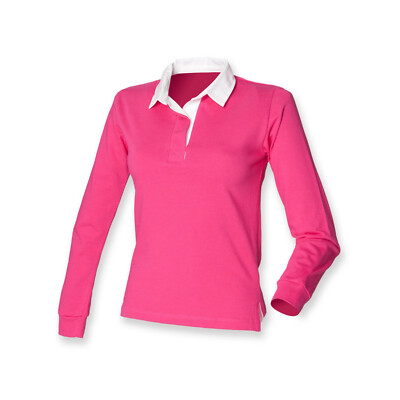 Ladies Pink Front Row Long Sleeve Plain Rugby Shirt Womens Cotton Polo Top  S-2XL UK