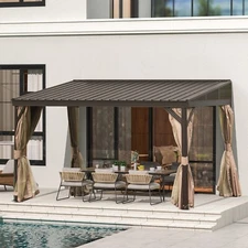 Domi 10x12FT Hardtop Gazebo Against Wall w/Sloping Steel Roof,Curtains&Netting