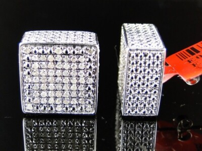ICE CUBE BLOCK 12MM XXL MENS DIAMOND STUD EARRINGS 1.80ct Silver Plated