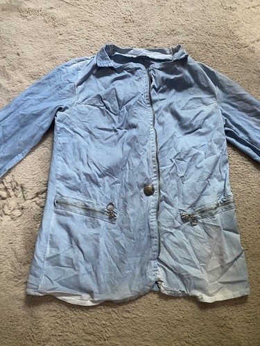 Gigi Moda Size Medium Cotton Jacket Blue Button Zipper Trim Pockets Collard - Picture 2 of 5