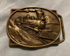 Vintage BTS Solid Brass Steam Engine Locomotive Train - Belt Buckle 3.5" Wide.