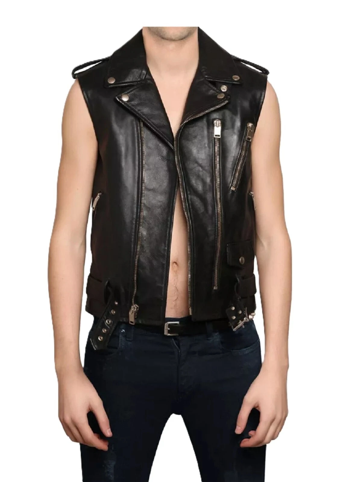 Men Vest Leather Biker Genuine Lambskin Leather Sleeveless Black Jacket Coat