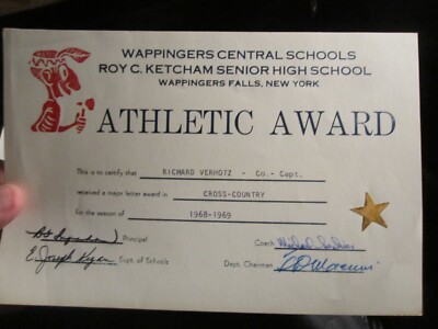 1968 WAPPINGERS CENTRAL SCHOOL ATHLETIC AWARD CERTIFICATE & PHOTOS BBA-40