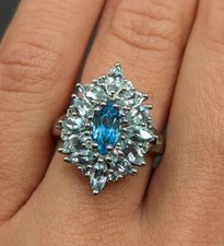 Size 6 Sterling Silver 925 Marquise Blue Aquamarine Topaz Gemstone Cluster Ring