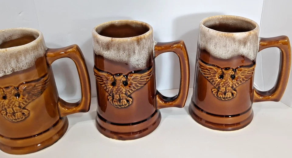 Taza de cerámica esmaltada marrón 4 Stein con águila en relieve 20 OZ barra cueva hombre ¡VIDEO! Foto 3 de 4