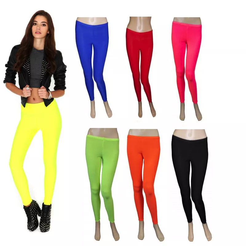 Ladies Girls Neon Stretchy Full Length Leggings-80's Disco Fancy Dress