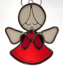 Vintage Stained Glass SUN CATCHER / ORNAMENT Red  White Angel USA 5" EUC