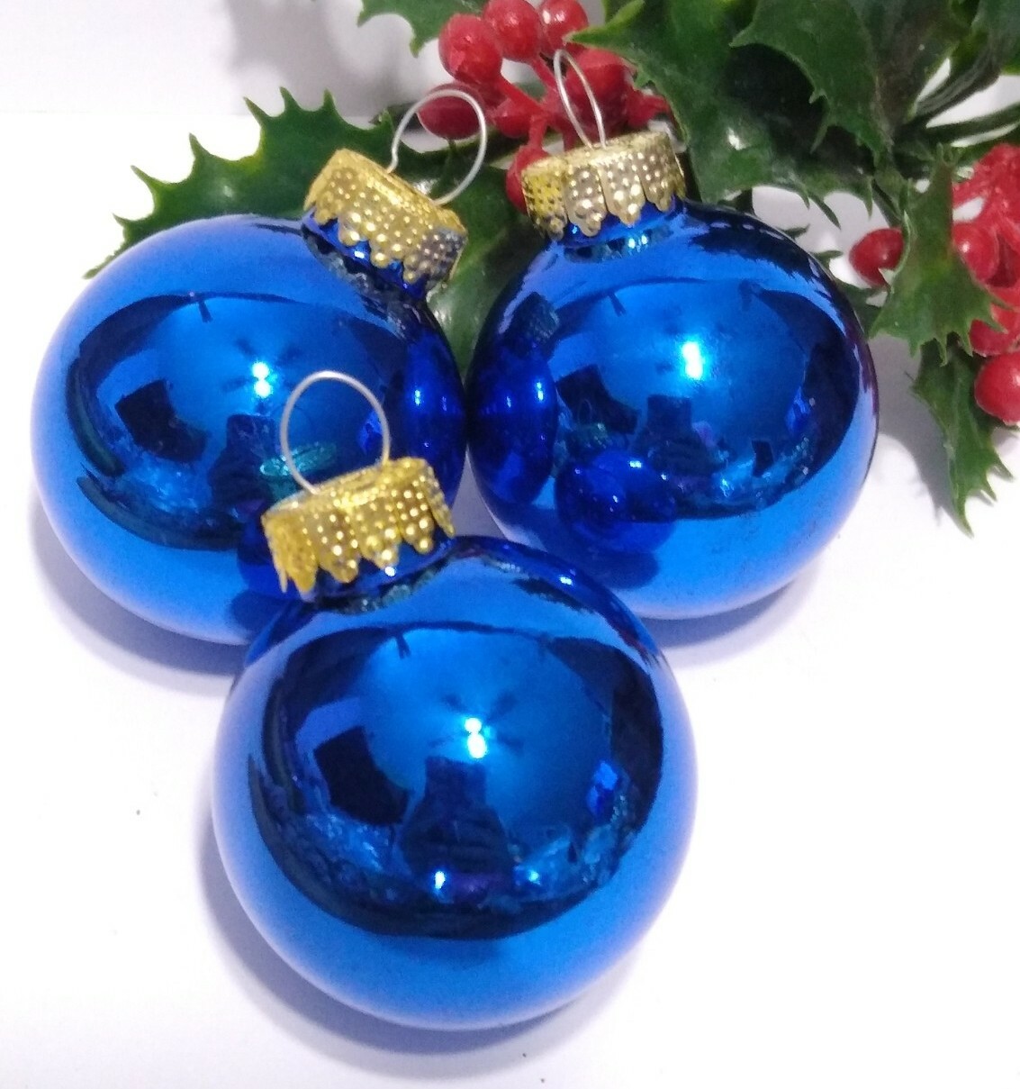 Mercury Glass Christmas Ornament Balls Blue Gold Caps lot of 3 vtg eBay