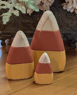 New Primitive Fall Halloween AGED RUSTIC WOOD CANDY CORN Shelf Sitter Figurine