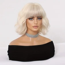 Chic Platinum Blonde Short Wavy Wig with Full Bangs Heat-Resistant Bob Wig Daily