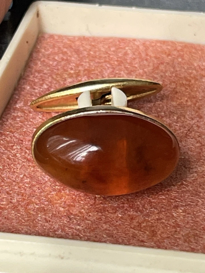 Abotoaduras folheadas a ouro vintage âmbar natural Kaliningrado Báltico 1960-70 - Imagem 2 de 4