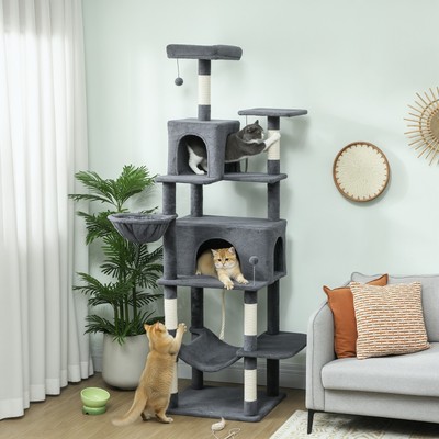 PawHut Kratzbaum, 202 cm Katzenturm mit 2 Eigentumswohnungen, 2 Hängematten, 2 Sitzstangen