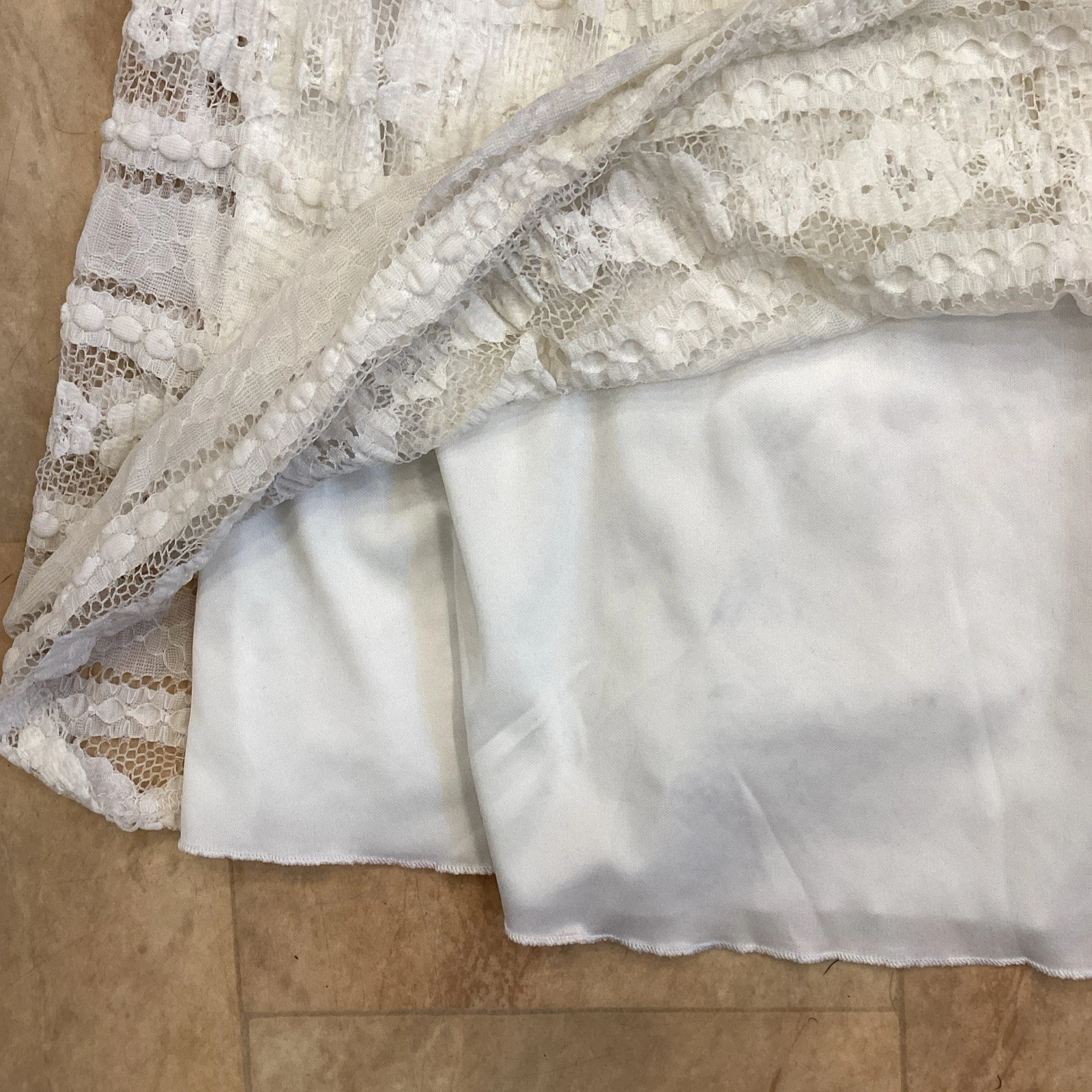 OFF WHITE Abito Jane Norman bianco sporco panna pizzo manica corta foderato scoop dietro taglia 12