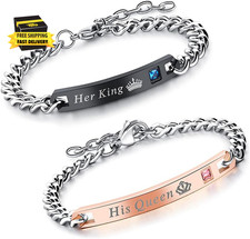 2Pcs King and Queen Matching Set His Hers Couples Bracelets Cubic Zirconia Brace