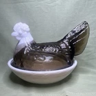 ✨Vintage Find✨ Two Tone Amber Hen on Nest Covered Dish White Milk Glass Base