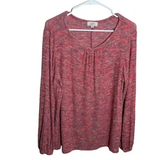 Loft Blouse Women's XL Red Thermal Round Neck Long Sleeve Woven Shirt Top